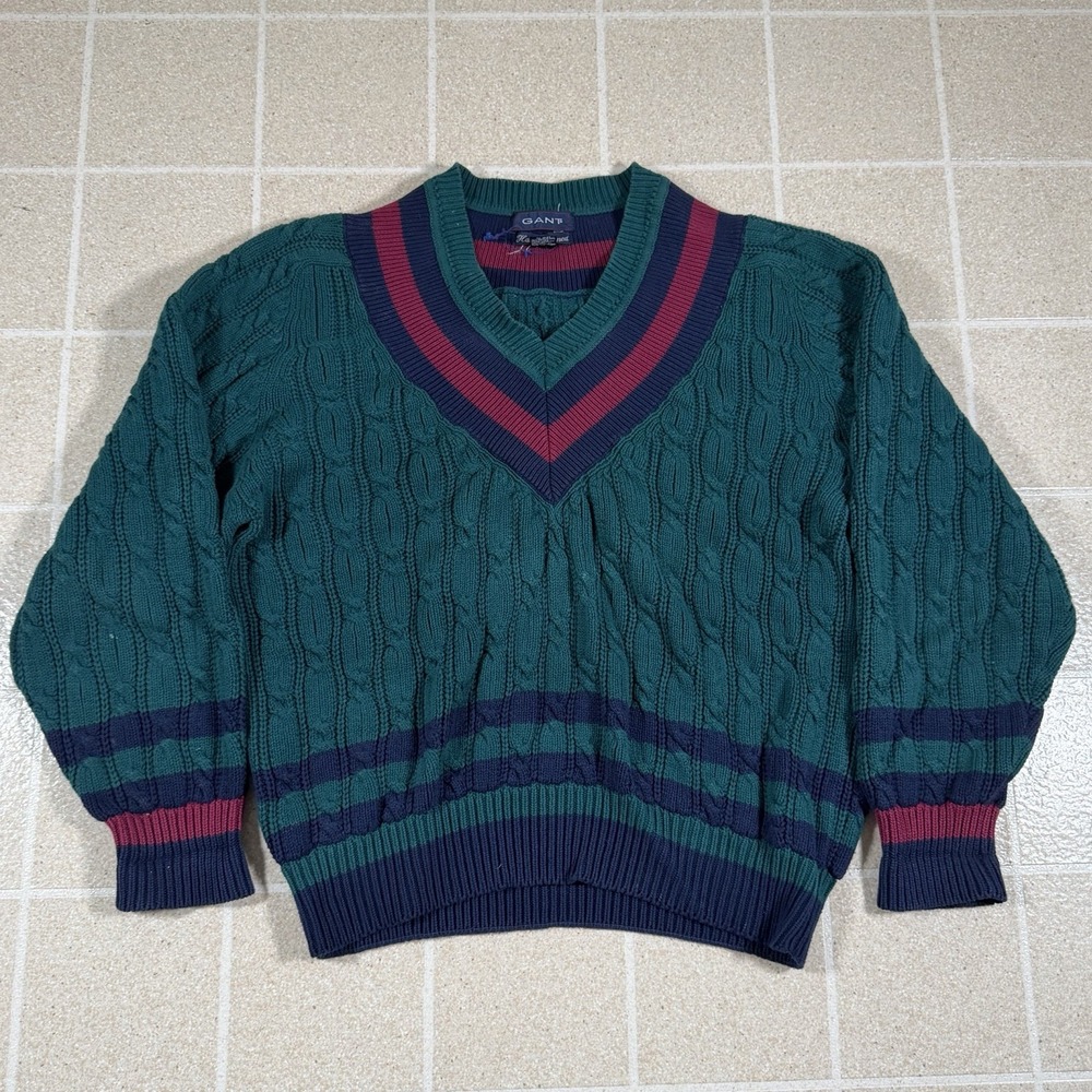 Vintage Gant Hand Framed Cable Knit Cricket Tennis Sweater Green Chunky Sz M